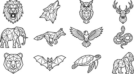 Obraz premium Geometric Animal Icons Set: Lion, Wolf, Owl, Deer, Elephant, Fox, Eagle, Snake, Bear, Bat, Turtle, Gorilla
