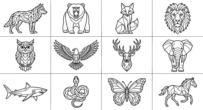 Geometric Animal Illustrations Set: Wolf, Bear, Fox, Lion, Owl, Eagle, Deer, Elephant, Shark, Snake, Butterfly, Horse