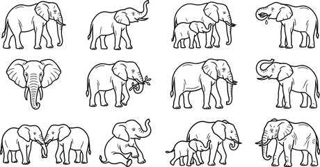 Elephant Family Collection: Adult and Baby Elephants in Various Poses, Hand-Drawn Style © Anggi