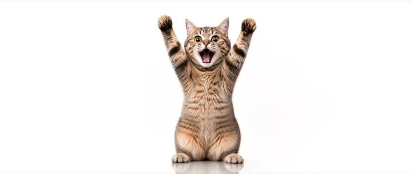 Panoramic Video of Happy Victory Kitten Celebrating Success with Copy Space