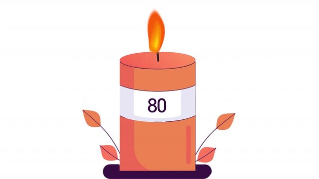 80th Anniversary Celebration with Candle and Twig. Anniversary Date Animation, Alpha Channel. Cartoon