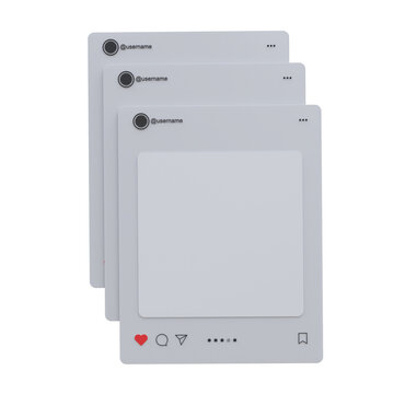 3D social media post mockup with blank feed interface content. Template for user carousel post feed, like, comment, business promotion, marketing campaigns, digital advertising, influencer content