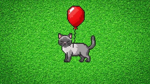 Pixel Art Siamese Cat Floating with Red Balloon on Green Screen. 4K Video