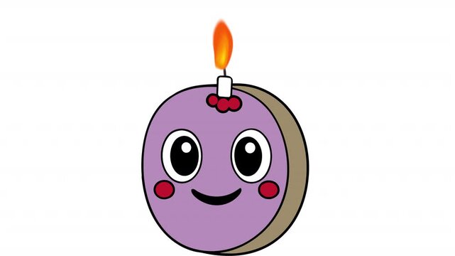Cute cartoon character with a purple birthday cake. Character animation, alpha channel. Cartoon