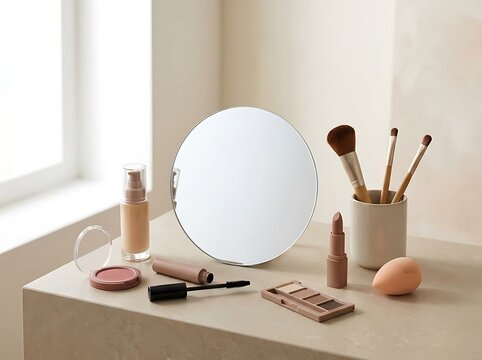 Round makeup mirror with various cosmetic products and brushes on a bright vanity table near a window. beginner makeup guide
