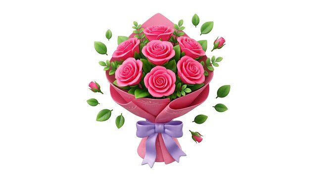 Beautiful bouquet of pink roses wrapped with a purple ribbon bow