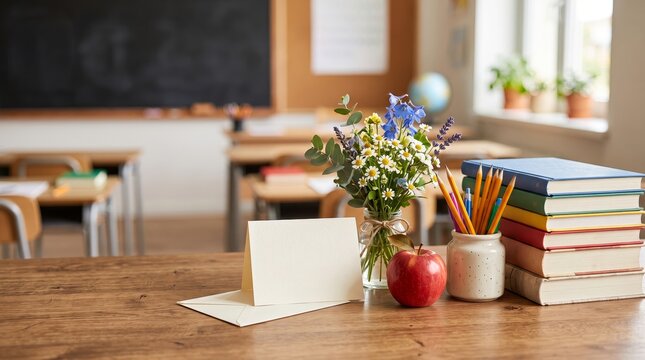 A warm and inviting classroom filled with flowers books and elements that represent gratitude and the joy of learning