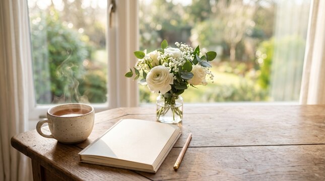 Serene morning scene with a cup of tea journal and fresh flowers for mindfulness and gratitude practice