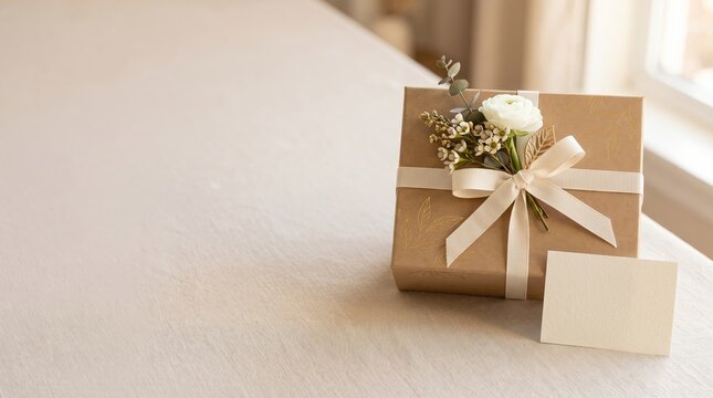 Thoughtful gift wrapped with a bow and fresh flowers on a neutral background for gratitude and kindness themes