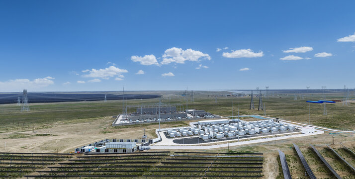 Aerial View of Energy Storage Power Station in Arid Desert Grassland