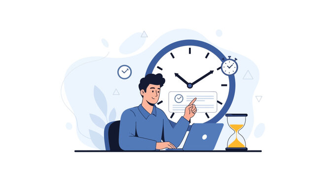 Man managing time efficiently with laptop and hourglass, large clock in background symbolizing deadlines and productivity.