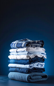 Stack of Neatly Folded Blue and White Clothes with Copy Space