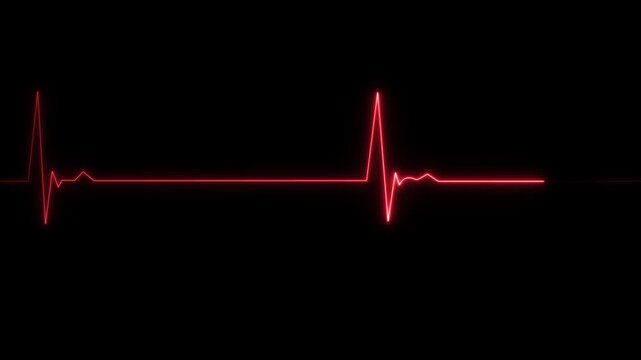 Red neon heartbeat ekg pulse line animation on black background, medical