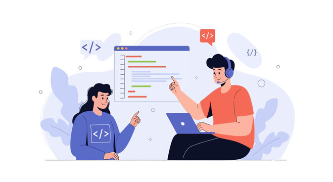 Two diverse programmers collaborating on code, discussing software development, featuring a laptop, code editor, and abstract background.