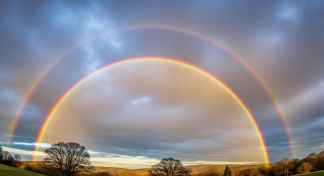 Beautiful double rainbow over a rolling landscape at sunset