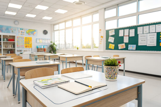 Empty student desk inside bright elementary school classroom featuring wooden chairs notebooks and a small decorative potted plant under soft natural morning sunlight streaming in
