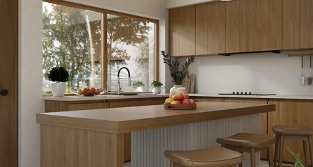 Fototapete Japandi Close up wooden kitchen island with bar stools and tree window view.  © bongkarn