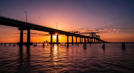 Fototapeta premium Long bridge silhouette over calm water at sunset