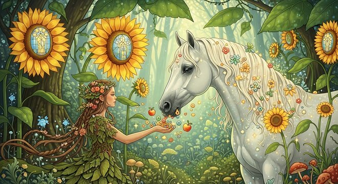 Nature spirit feeding white horse in enchanted sunflower forest