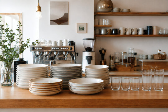 Cozy Scandinavian Cafe Counter with Stacked Ceramic Plates and Glassware in Warm Natural Light