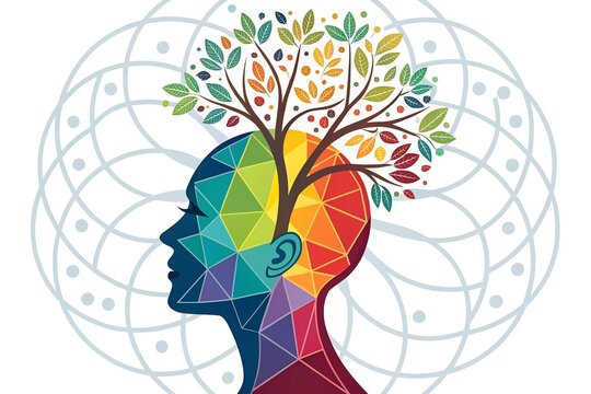 Colorful Human Mind Illustration with Tree of Growth, Mental Wellness, Mindfulness, and Creative Consciousness