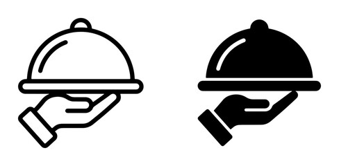Fototapeta premium Food Service Icons: Hand Holding Serving Cloche, Outline and Solid Styles, Restaurant Catering Symbol
