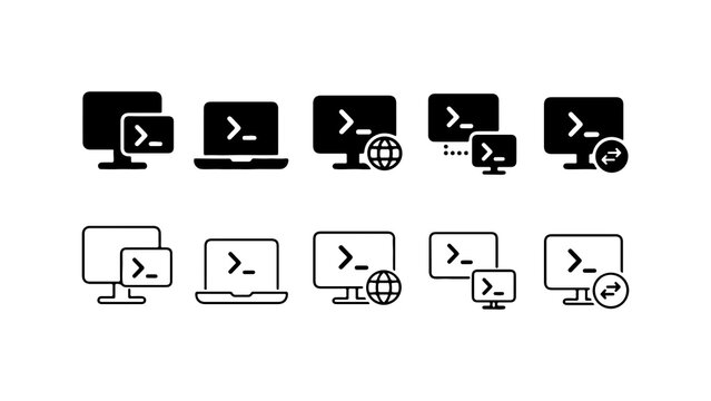 Terminal Command Line Interface Icon Set in Silhouette and Outline Style