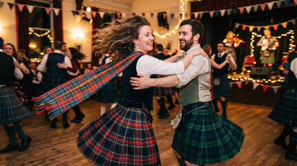 Happy couple dancing at a traditional Scottish Hogmanay ceilidh celebration