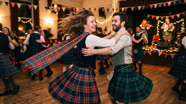 Happy couple dancing at a traditional Scottish Hogmanay ceilidh celebration