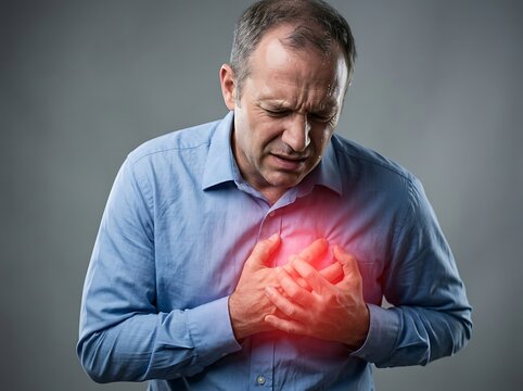 A mature man in a blue shirt suffering from a sudden heart attack with a glowing red highlight on his painful chest area