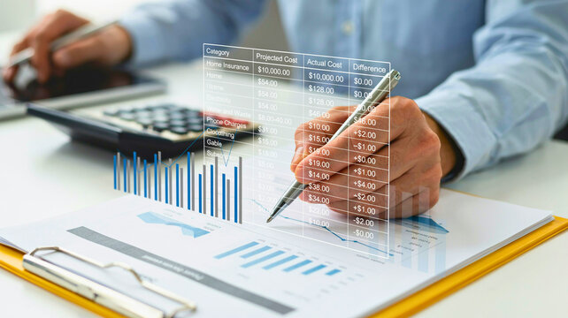 Businessman analyzing futuristic virtual financial charts and data on holographic interface screen