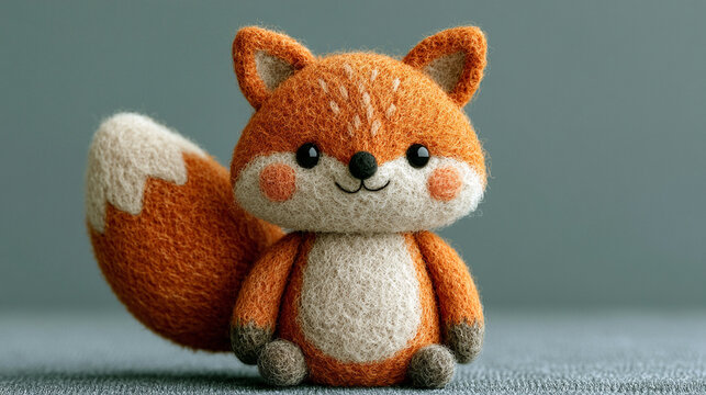 Fox felted toy sits against a muted grey background to showcase its handcrafted wool texture and charming design.