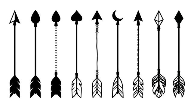 Set of black tribal arrow silhouettes with decorative feathers and geometric heads on white background, ideal for bohemian logo design, ethnic pattern decoration and creative tattoo inspiration