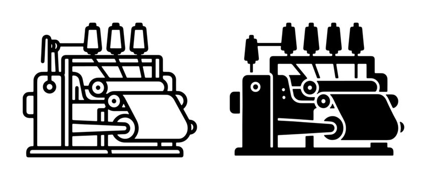 Sewing Machine Icons, Industrial Overlock Stitcher, Textile Manufacturing Equipment, Garment Production Tools, Vector Illustration Set
