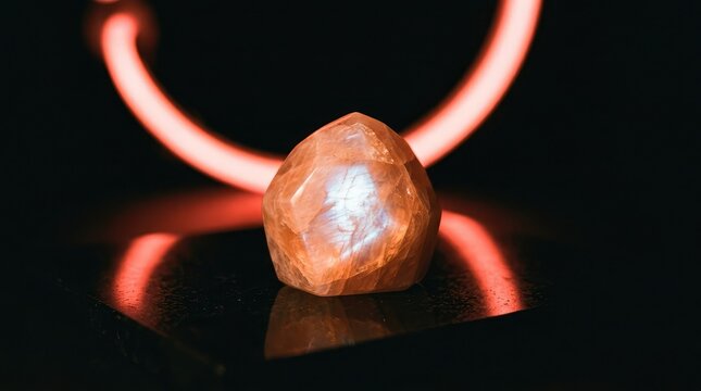 A beautiful polished sunstone gemstone pendant resting on a dark reflective surface with glowing red light