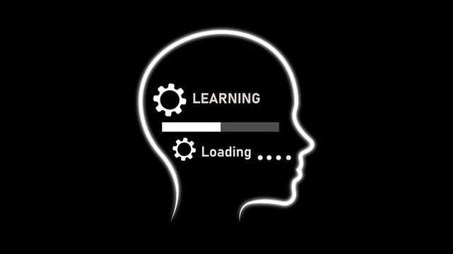 Artificial intelligence machine learning concept: human head silhouette with progress loading bar and gear