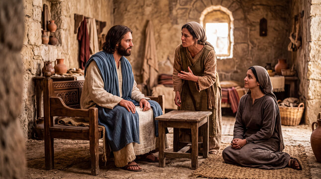 Jesus is sitting at Mary and Martha.