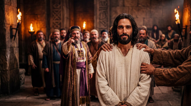 Jesus Christ standing during His trial before Caiaphas and the Sanhedrin.