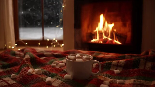 Cozy winter hot chocolate mug with marshmallow by fireplace and blanket in warm room with window lights, snow outside, rustic cabin night scene