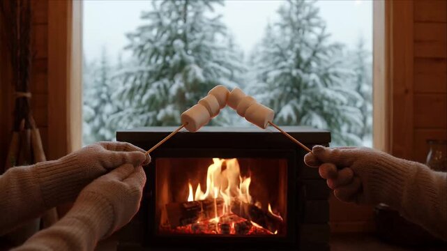 Cozy winter cabin scene with marshmallow roasting by fireplace, snowy forest window view, warm fire, snow covered trees, and firelight cabin atmosphere