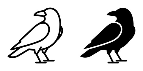Naklejka premium Raven Silhouette Vector, Outline Bird Icon, Black and White Crow Symbol, Minimalist Ornithology Graphics, Isolated Animal Art