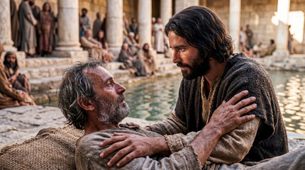Obraz premium Jesus speaking with a sick man beside a pool of Bethesda.