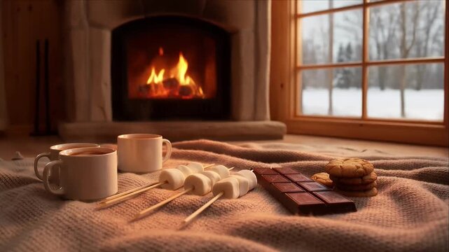 Cozy winter fireplace with mug cocoa marshmallow chocolate cookie near window in cabin interior with blanket and warm winter scene