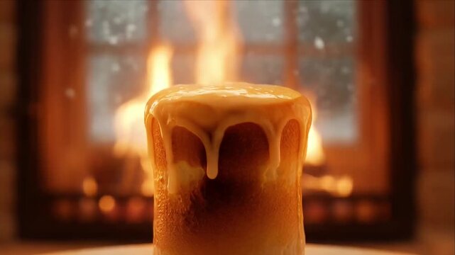 Cozy winter dessert cake with melting icing near warm fireplace, soft light, rustic home mood, warm fire, blurred window, glowing flame, creamy foam, mug cake, warm cream frosting, rustic cabin treat