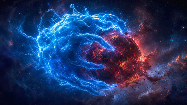 Space nebula energy fantasy abstract cosmic planet universe glowing blue energy hand grasps burning red planet dramatic cosmic fantasy space scene