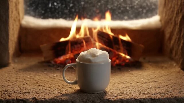 Cozy winter mug with whipped cream near fireplace and warm fire in rustic home interior with hot drink and foam cup
