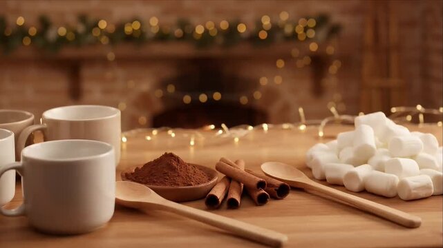 Cozy winter hot cocoa with marshmallow and cinnamon in wooden table warm kitchen by fireplace with festive bokeh light and rustic holiday interior