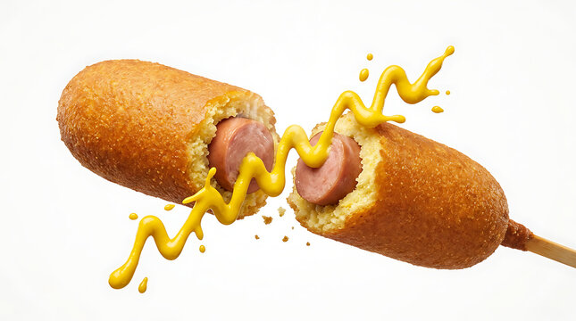 Deep fried corn dog splitting midair with hot dog sausage inside