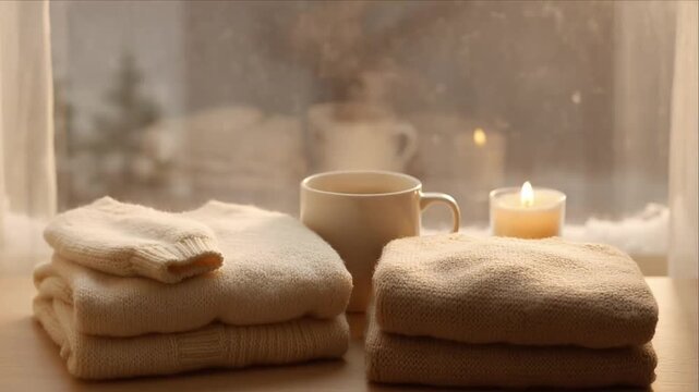 Cozy winter knit sweater stack by window with cup and candle in soft light, cozy winter knit fabric stack with cup and candle by window, warm home scene with soft light, search friendly SEO title