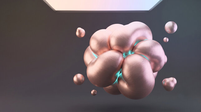 Elemento grafico 3D: formas blandas entrelazadas y oro rosa cepillado